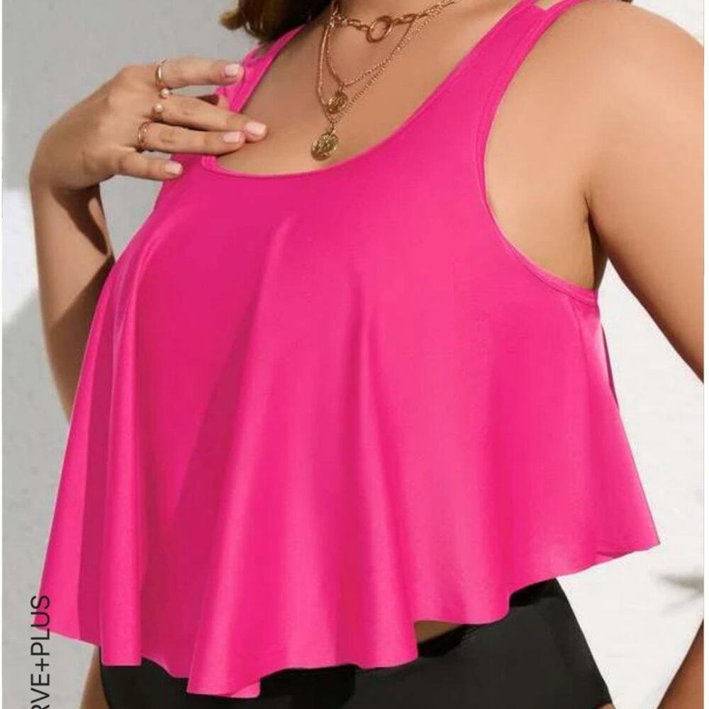 Shein Plus Pink Double Adjustable Strap Hanky Hem Flowy Tankini Top 3XL